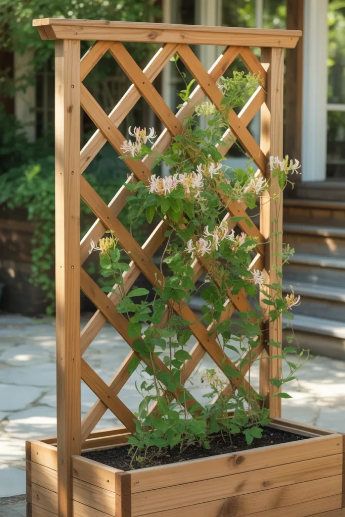 Built-in planter box with climbing structure featured in space-saving honeysuckle trellis ideas.