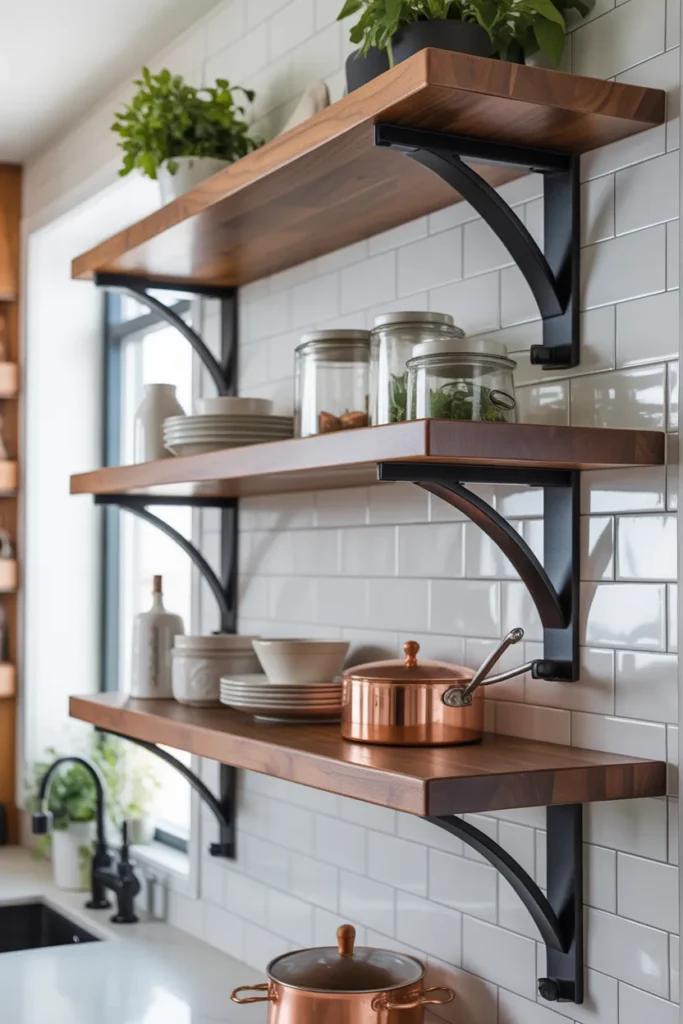 two tone kitchen wall shelf ideas modern wood and black shelves