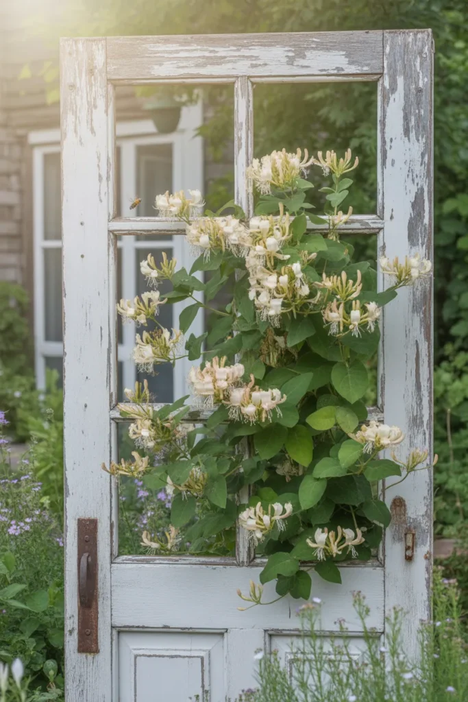 Vintage upcycled door frame used in creative honeysuckle trellis ideas for cottage-style gardens.