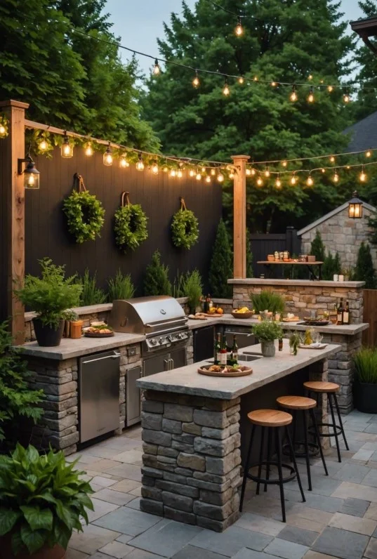 vertical garden outdoor kitchen wall with green plants fresh outdoor kitchen design