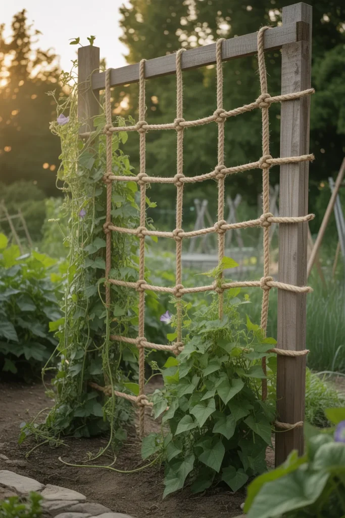 Vertical rope trellis system with climbing tomato and cucumber vines growing upward