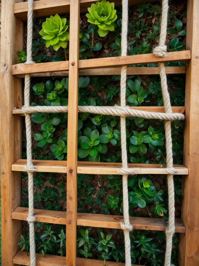 Vertical rope grid trellis installed over a raised garden bed for growing climbing vegetables
