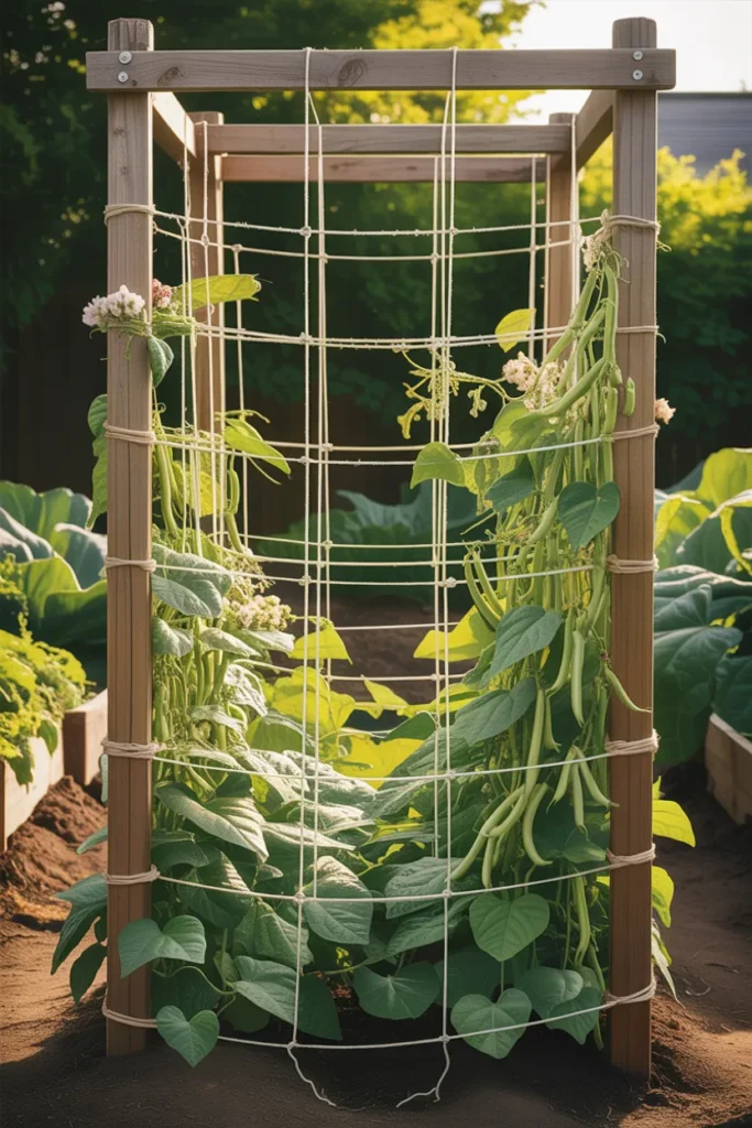 vertical string grid trellis supporting climbing bean plants in garden