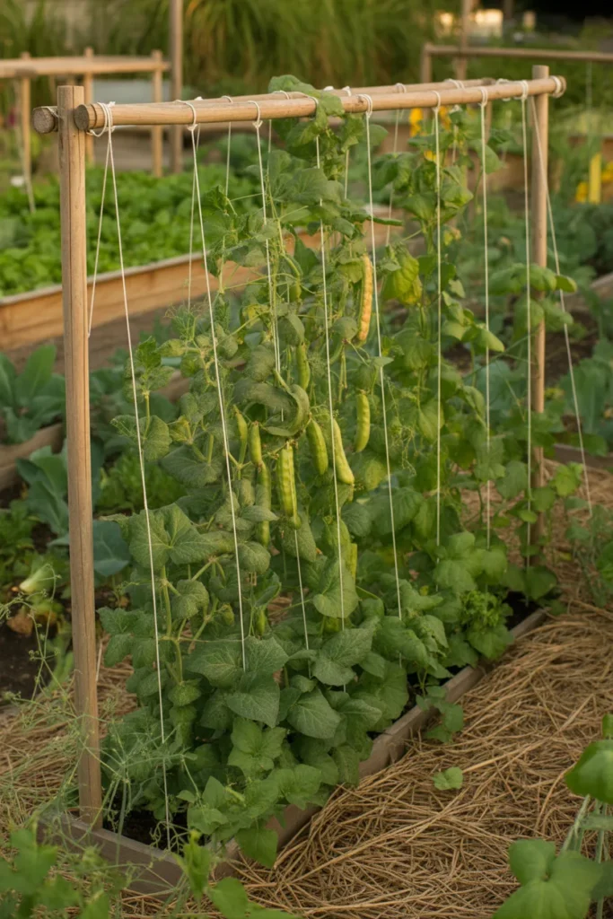  vertical string vegetable trellis supporting tomatoes and cucumbers in garden bed