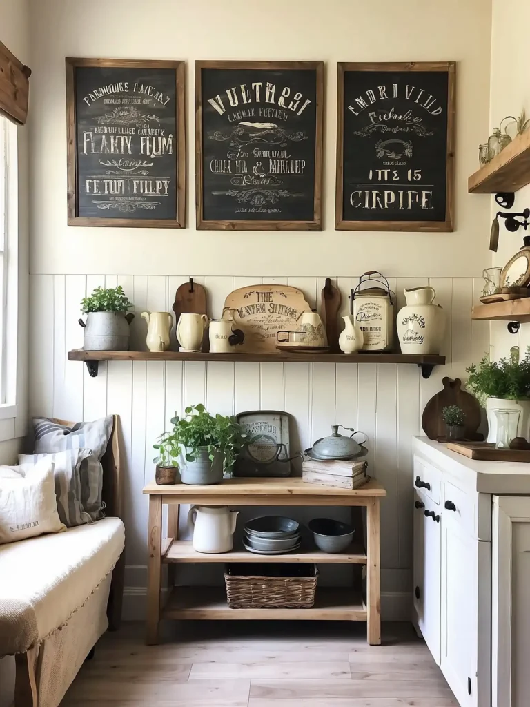 vintage farmhouse kitchen wall decor with rustic sign adding charm to kitchen space