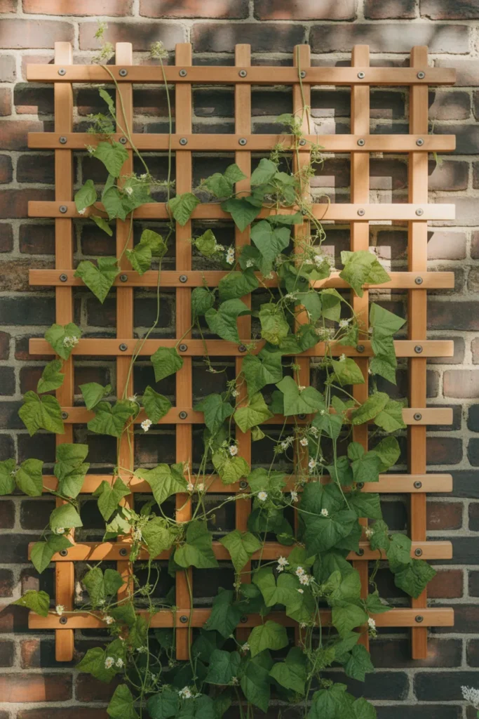 wall mounted trellis with climbing beans growing along garden fence