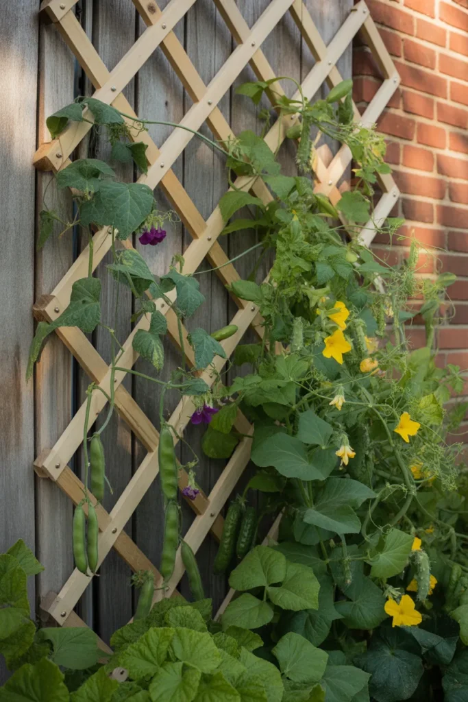 wall-mounted vegetable trellis growing cucumbers vertically on the backyard fence