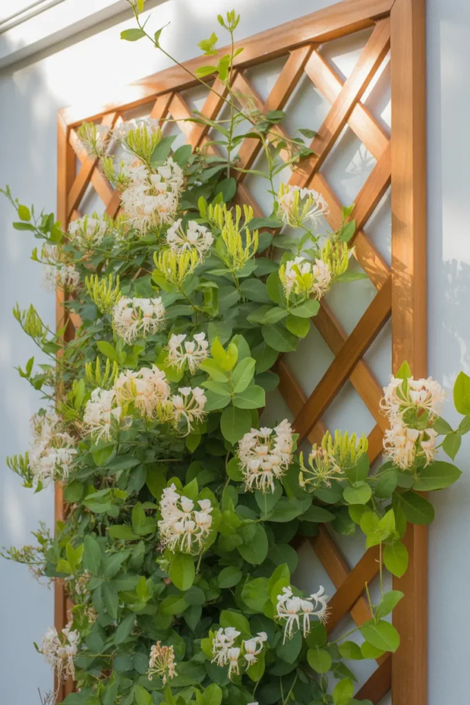 Wall-mounted lattice panel showcasing beautiful honeysuckle trellis ideas with climbing vines and fragrant flowers.