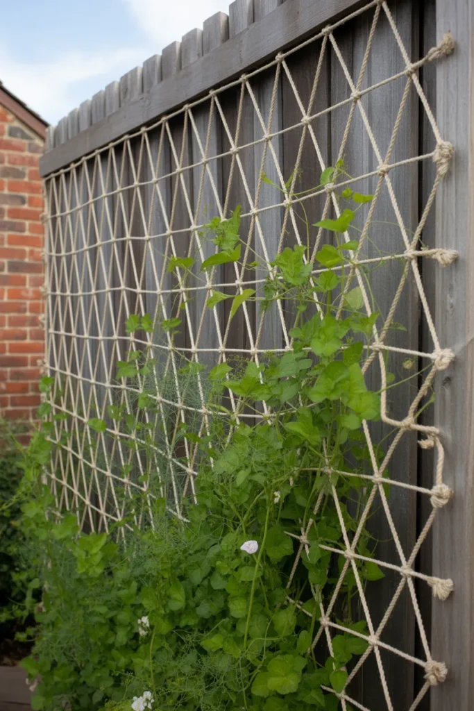 Wall mounted garden net trellis with climbing cucumber plants growing vertically in a small garden