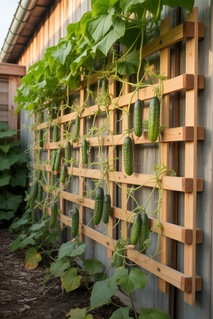 Wall-mounted garden trellis with cucumbers climbing vertically on a fence