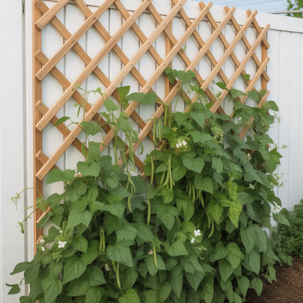 Wall-mounted garden trellis supporting green bean vines in a compact patio garden