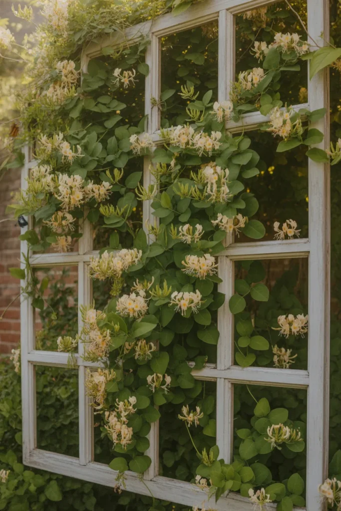 Old window pane frame repurposed into decorative honeysuckle trellis ideas for charming outdoor spaces.
