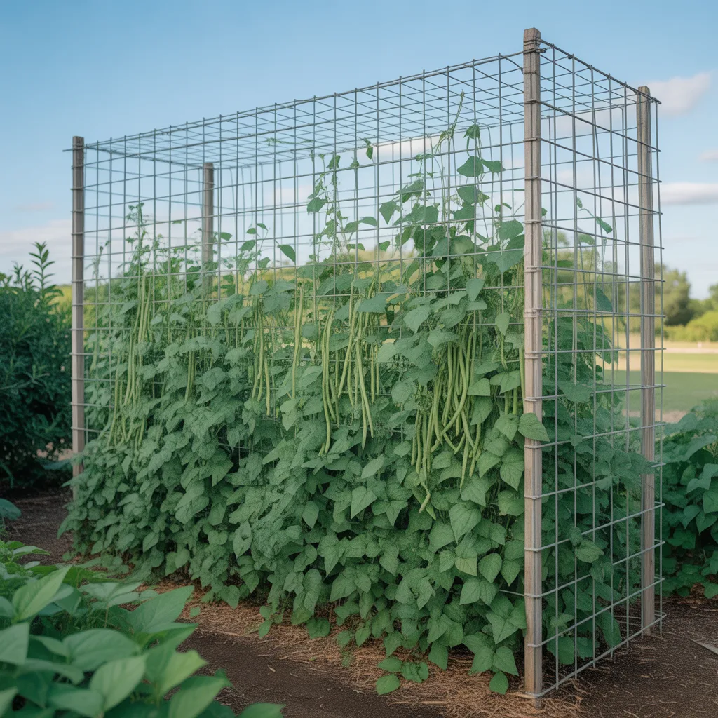 Wire fence used as a sturdy green bean trellis for climbing pole beans in an outdoor garden.