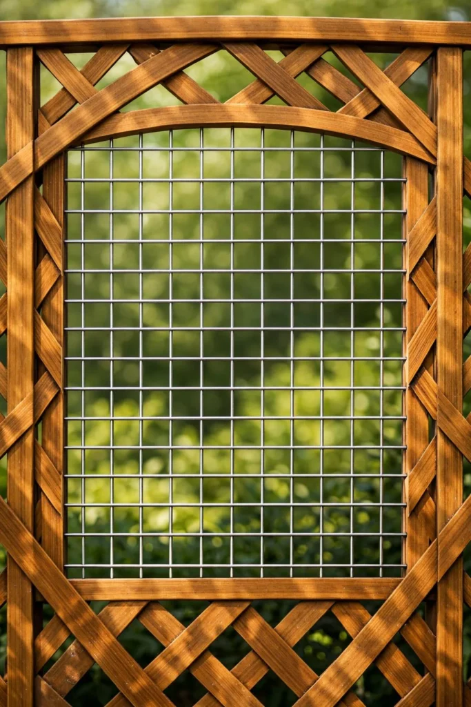 Wire grid panel trellis installed on a raised garden bed for growing tomatoes and cucumbers vertically