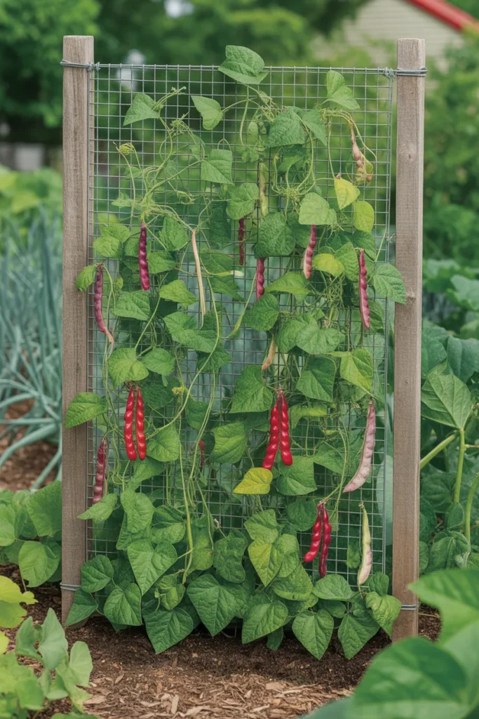 sturdy wire mesh trellis supporting climbing green beans in vegetable garden