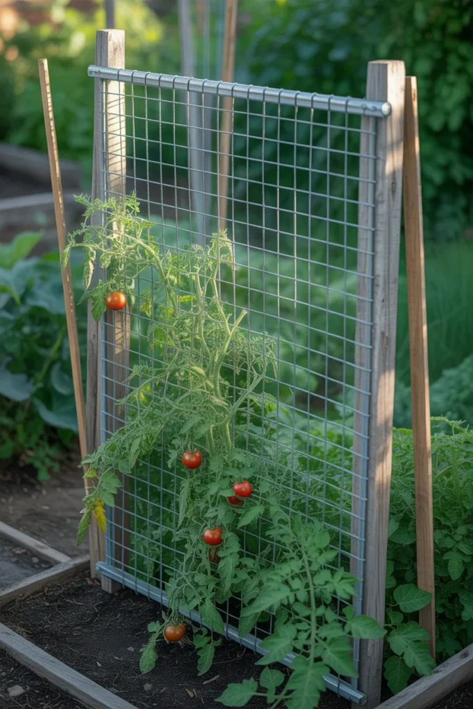 Wire mesh garden panel trellis supporting heavy cucumber vines growing vertically