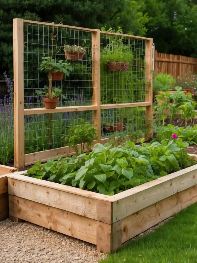 Wire mesh panel trellis attached to a raised bed garden for growing cucumbers and climbing vegetables
