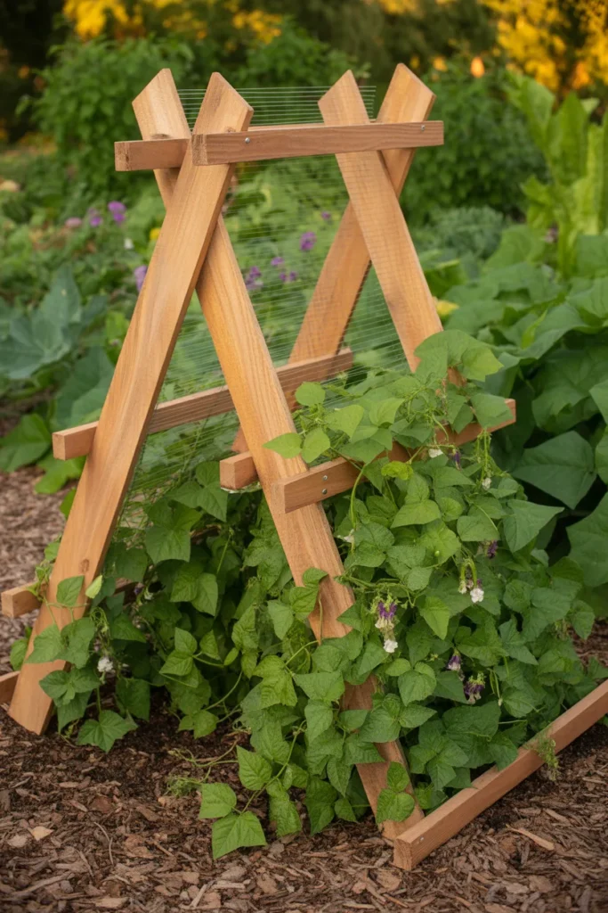 wooden a-frame trellis supporting climbing beans in raised garden bed