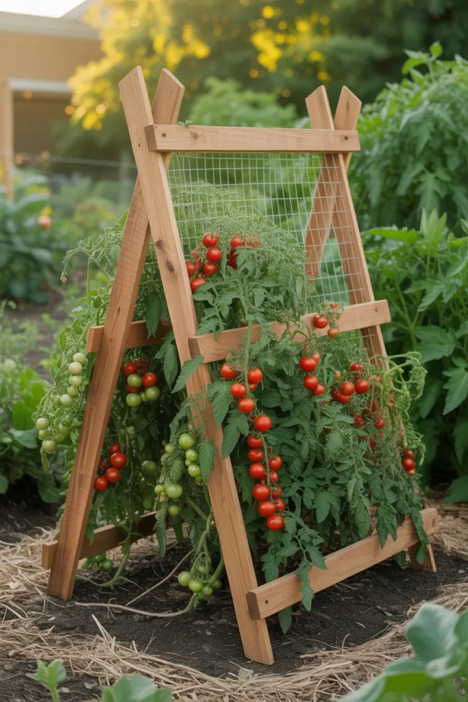 Wooden A-frame tomato trellis supporting tall tomato plants in garden bed