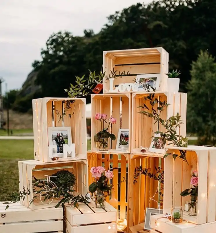 rustic garden ideas wooden crate plant display with potted plants