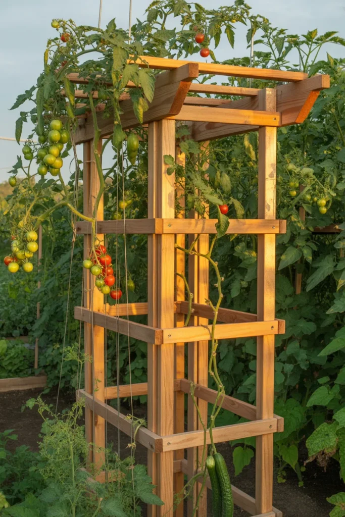 rectangular wooden frame vegetable trellis with wire mesh for climbing vegetables