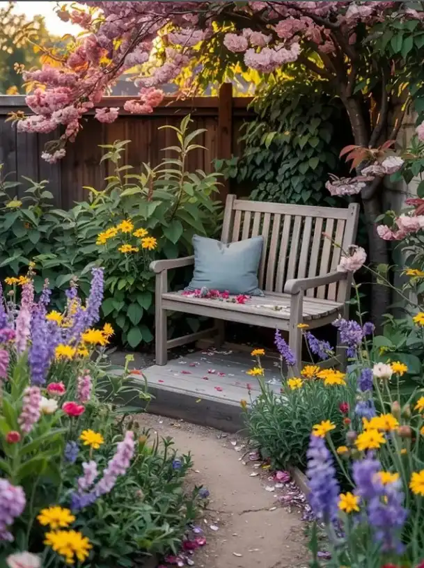 rustic garden ideas wooden garden bench under tree