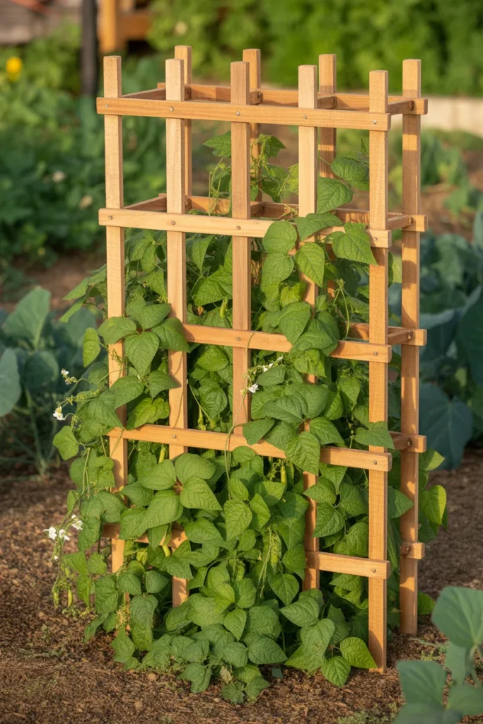 Classic wooden grid trellis supporting green bean vines in a traditional vegetable garden