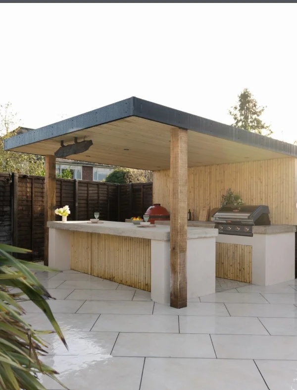 wooden panel outdoor kitchen wall cozy natural outdoor cooking space design