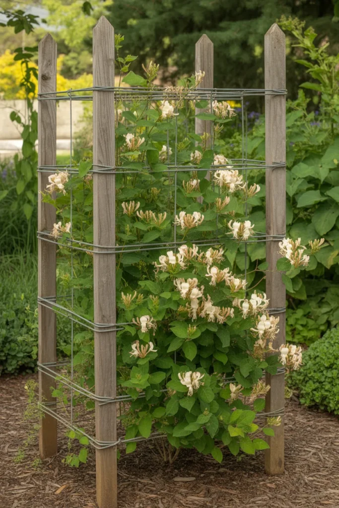 DIY wooden stake and wire design featured in budget-friendly honeysuckle trellis ideas.