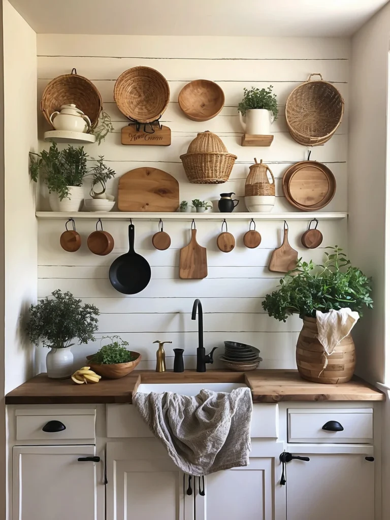 woven basket farmhouse kitchen wall decor adding texture and warmth