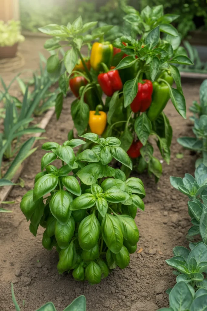 basil growing next to bell pepper plants companion planting idea