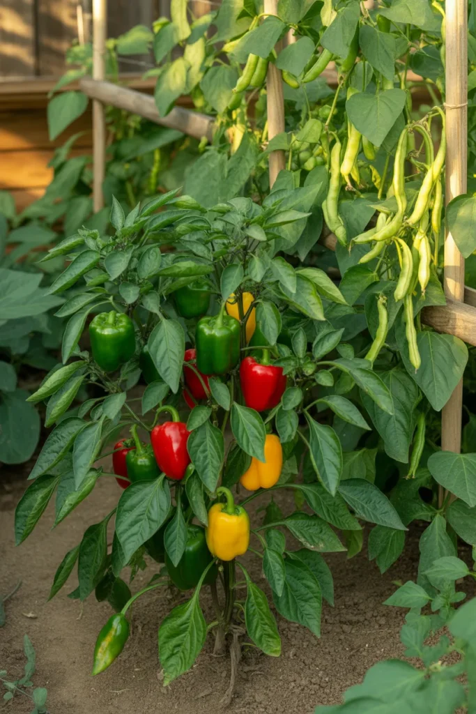 beans growing on trellis beside bell pepper plants