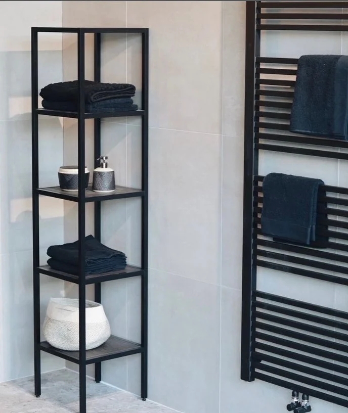 bathroom wall shelf ideas with black metal shelf modern style