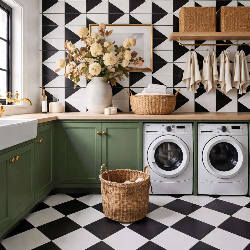 black and white laundry room wall tile ideas modern contrast