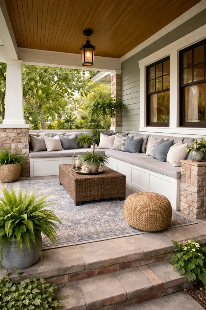 bungalow front porch with built in bench seating and storage
