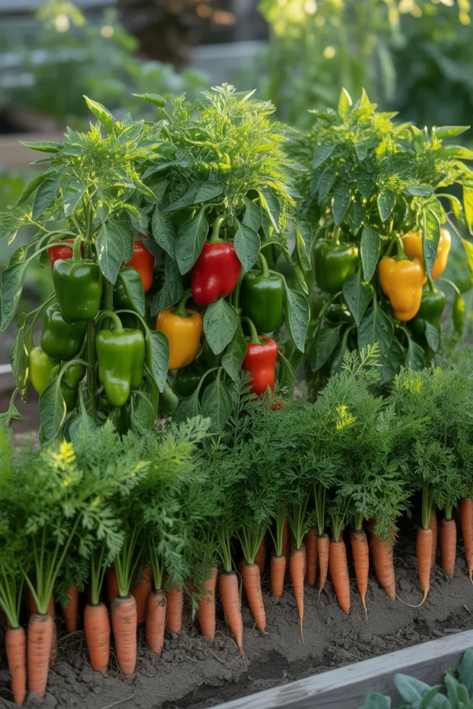 carrots planted beside bell peppers in rich garden soil