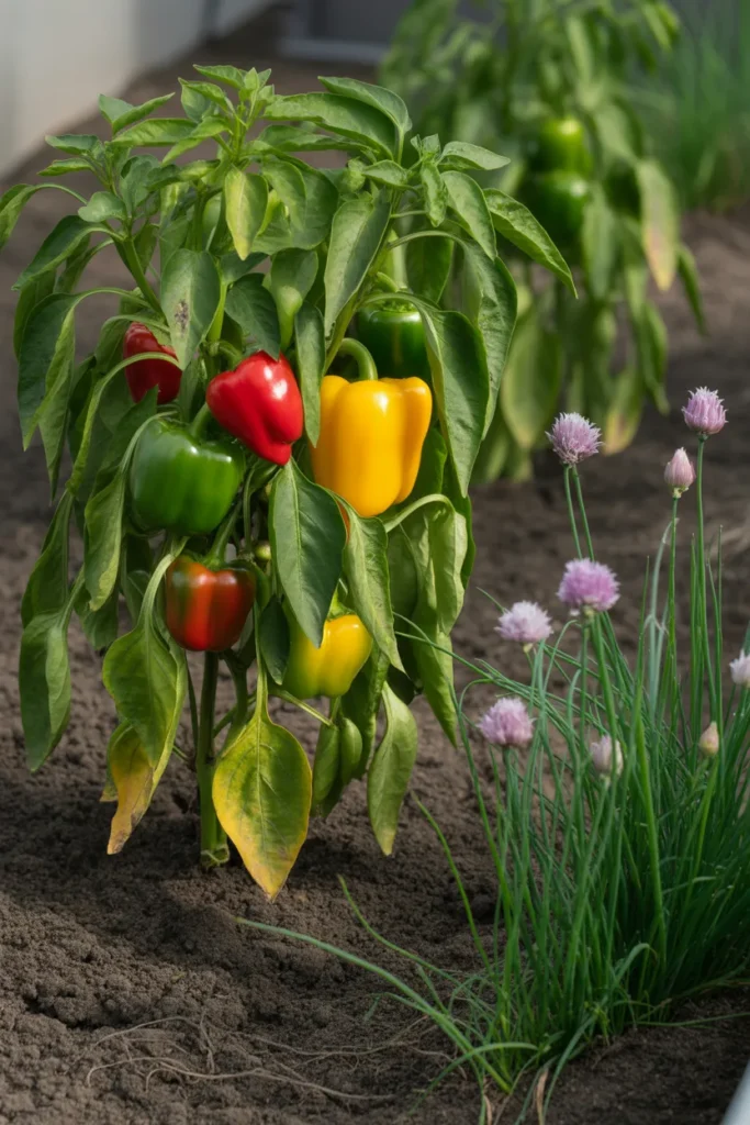 chives planted with bell peppers in raised garden bed