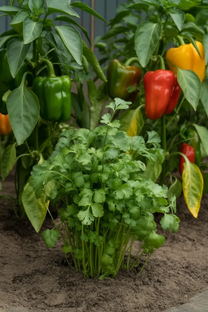 cilantro growing beside bell pepper plants in herb garden