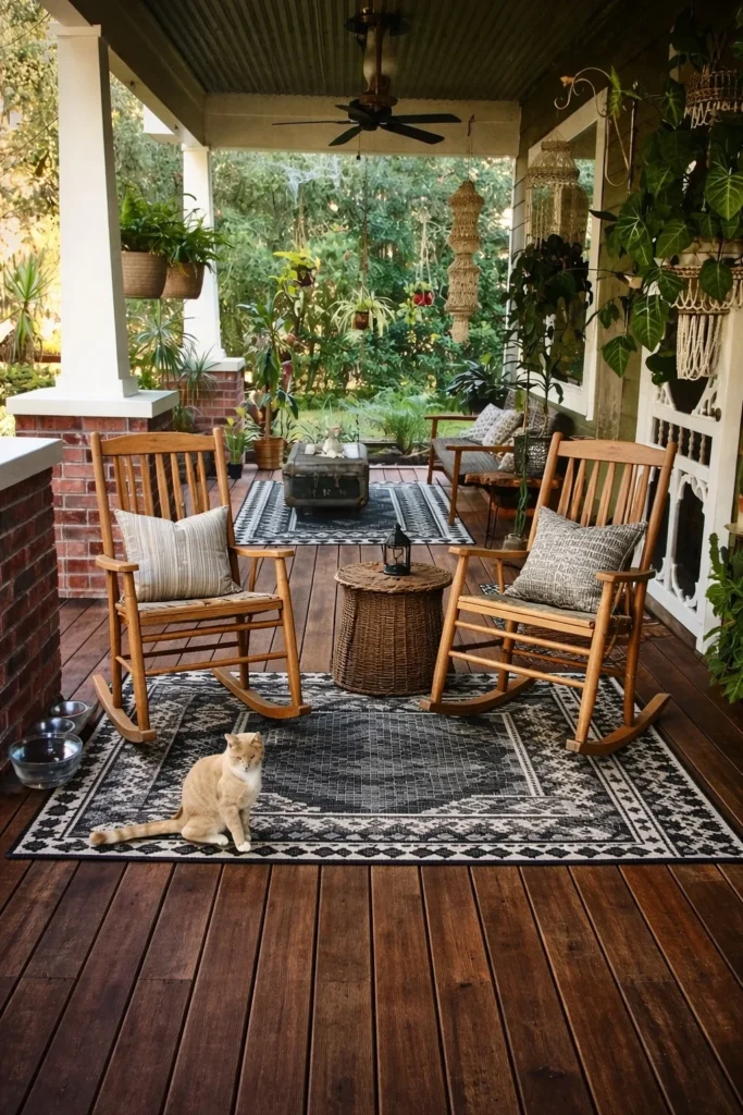 bungalow front porch with classic rocking chairs and cozy seating