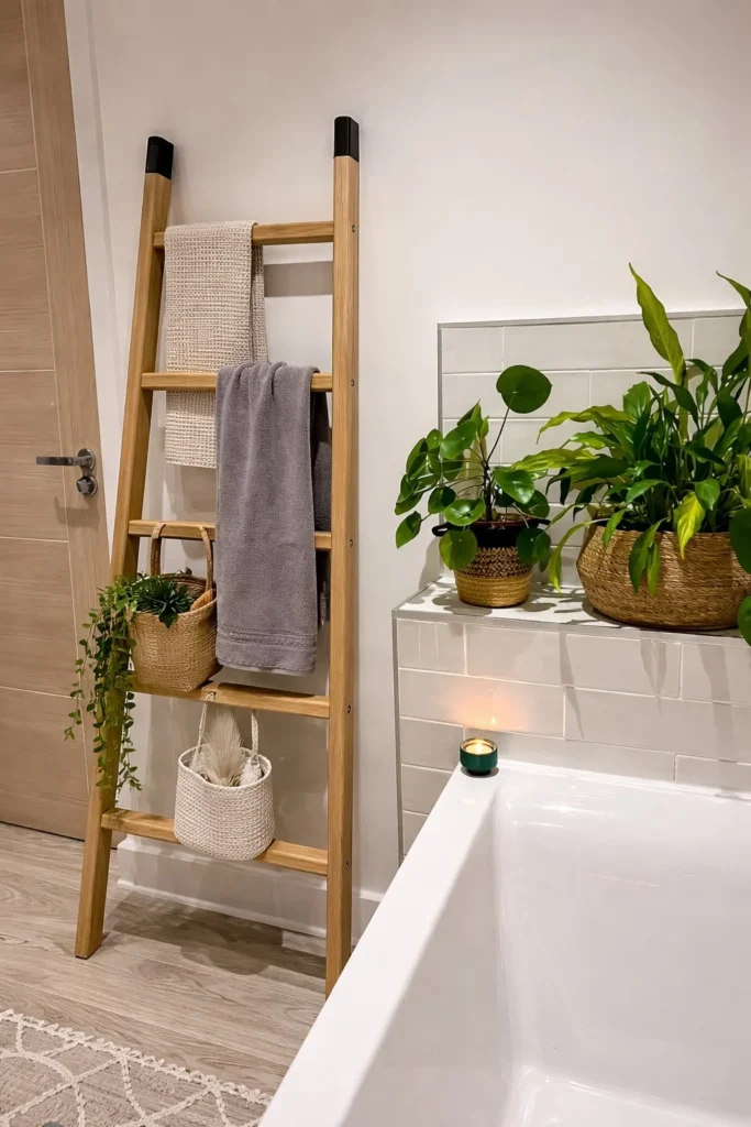 small bathroom wall decor ideas with decorative ladder storage