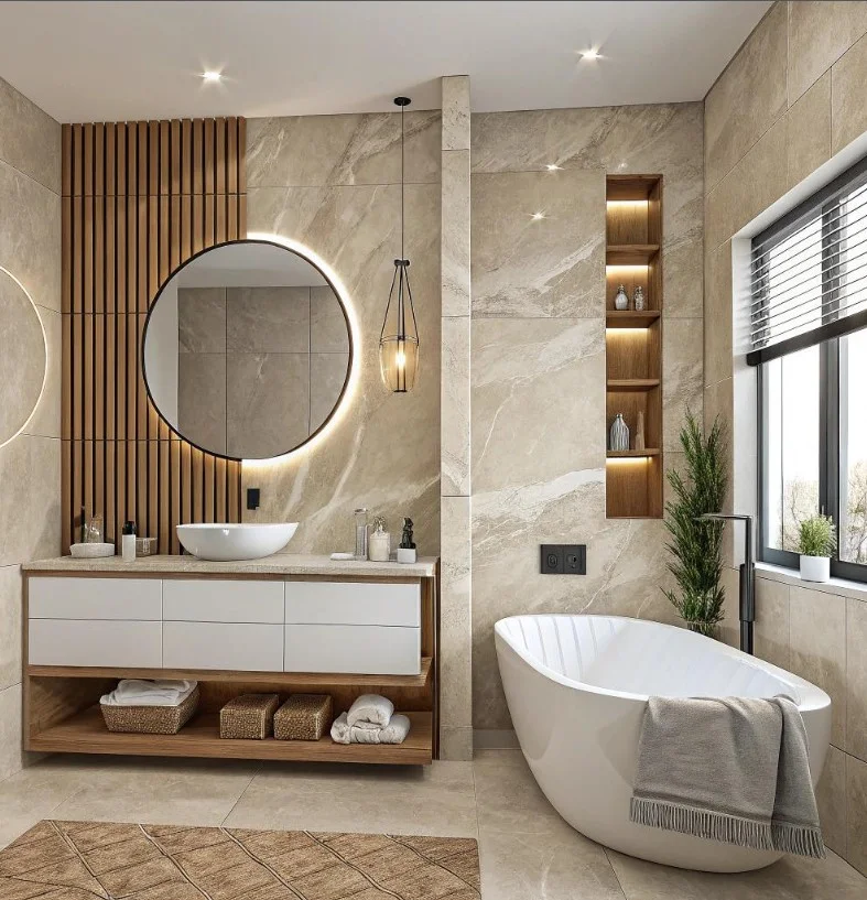 modern bathroom wall decor ideas with floating shelves storage