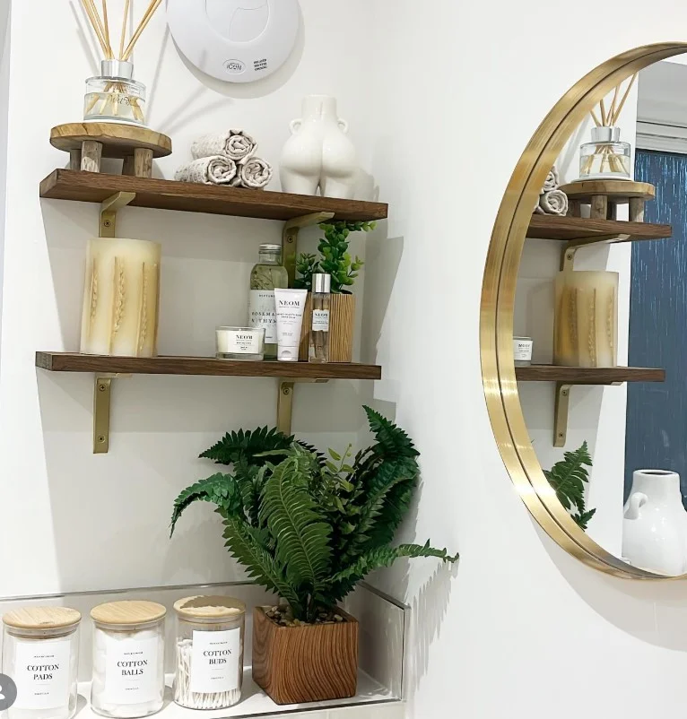 bathroom wall shelf ideas with floating wooden shelves modern design