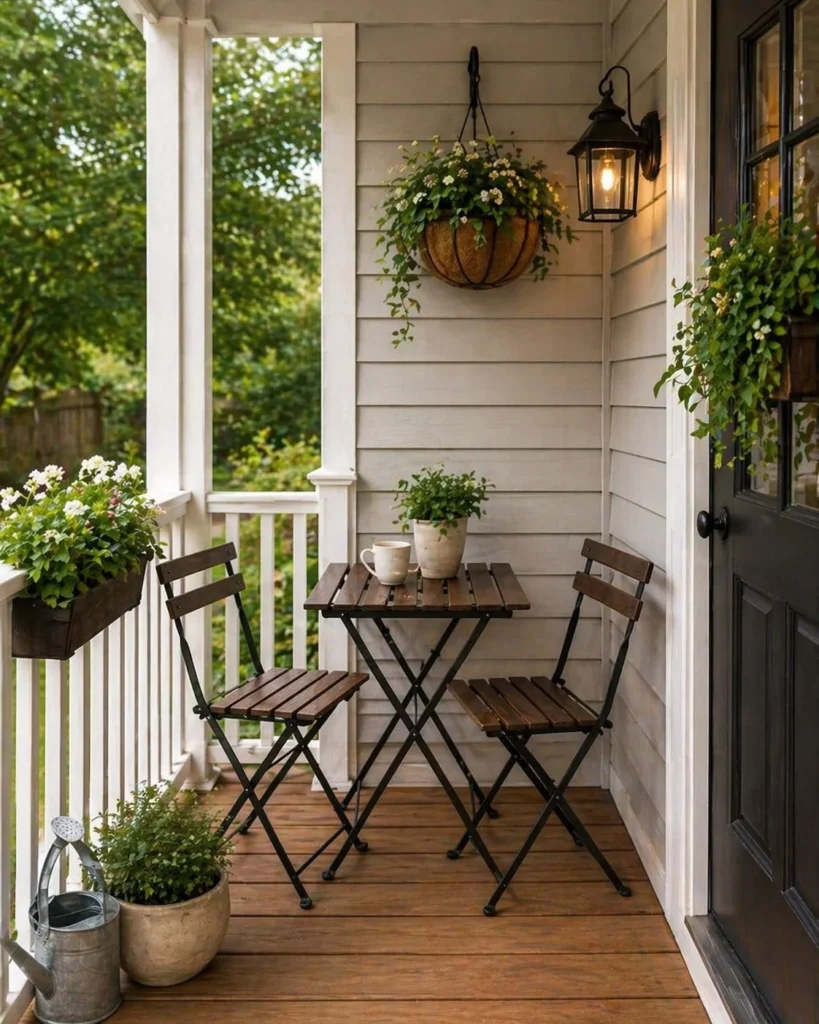 tiny front porch with foldable furniture space saving idea