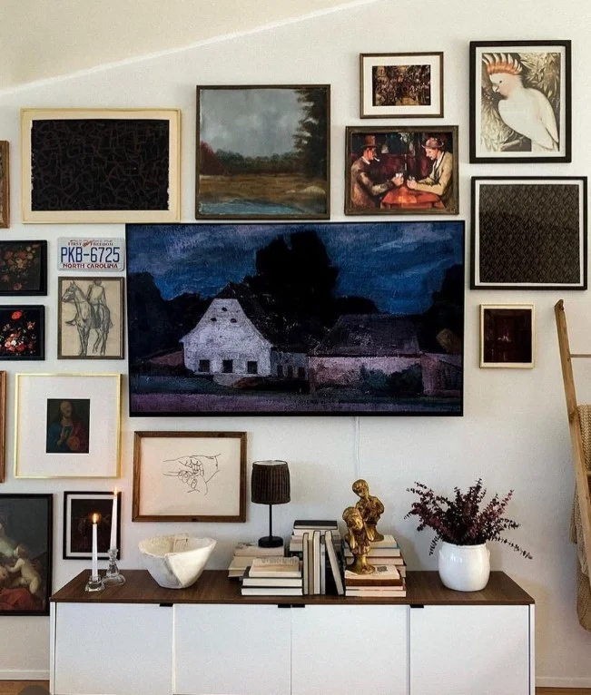 gallery wall master bedroom tv setup photo frame decor