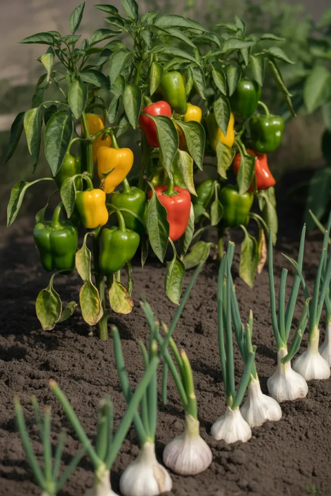 garlic growing beside pepper plants in home garden