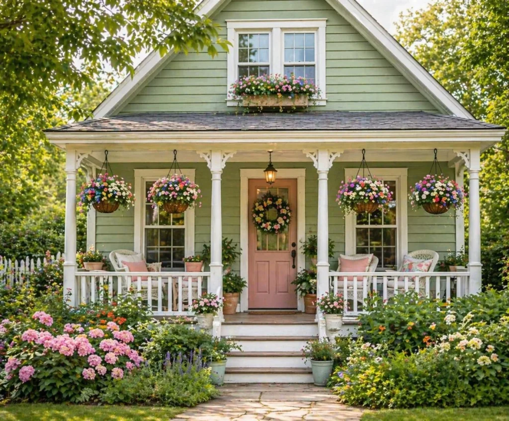 cottage front porch with hanging flower baskets and greenery