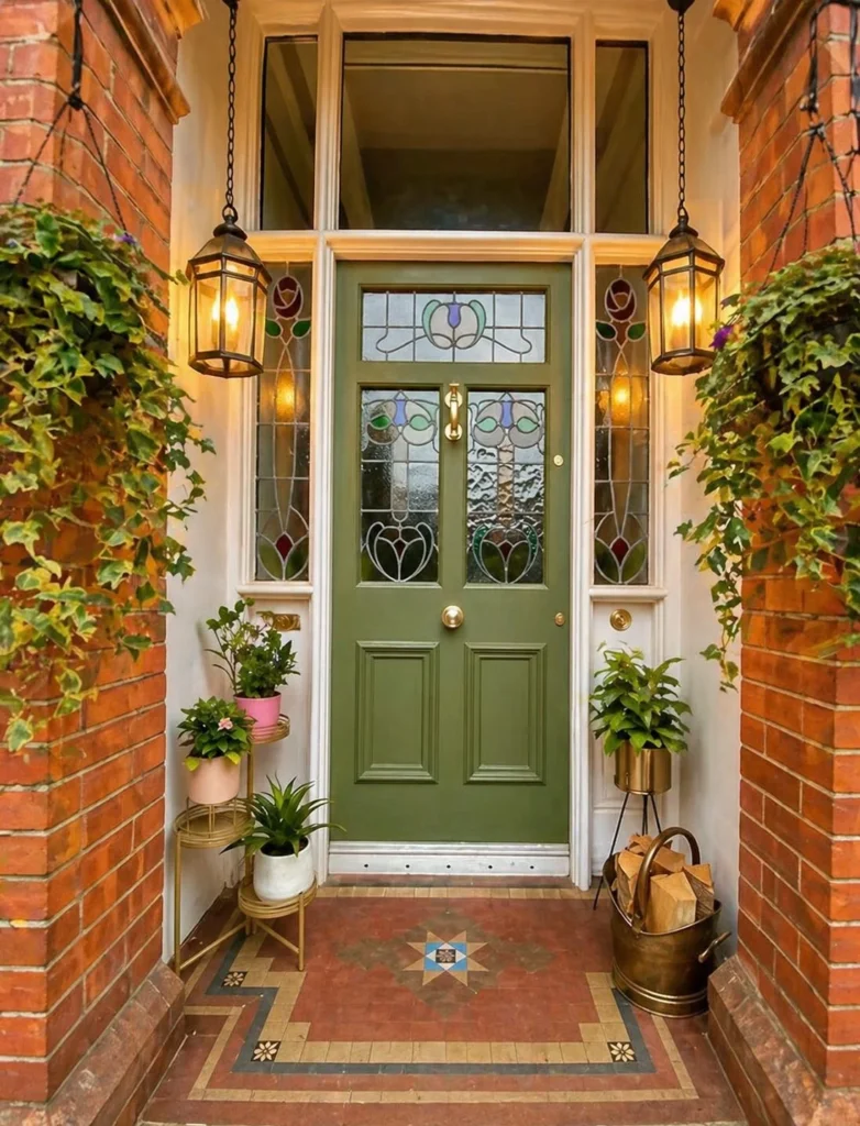 townhouse front porch with hanging lantern lights