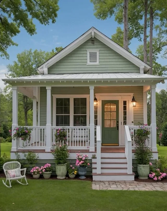 tiny front porch with hanging lantern lights