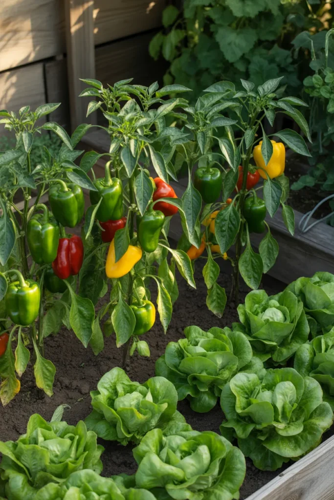 lettuce growing under bell pepper plants in garden