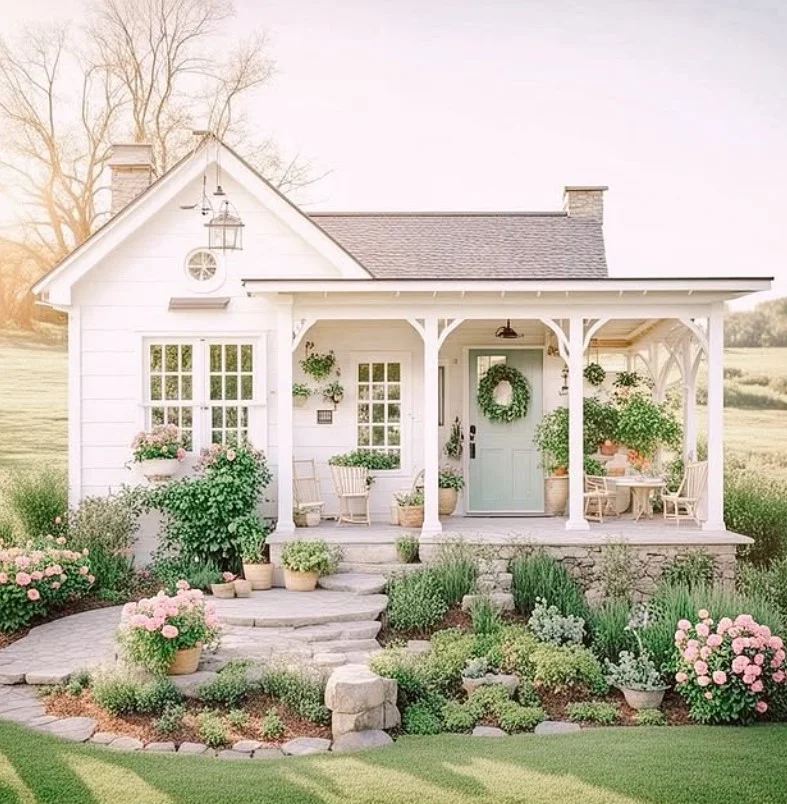 cottage front porch with light colored front door